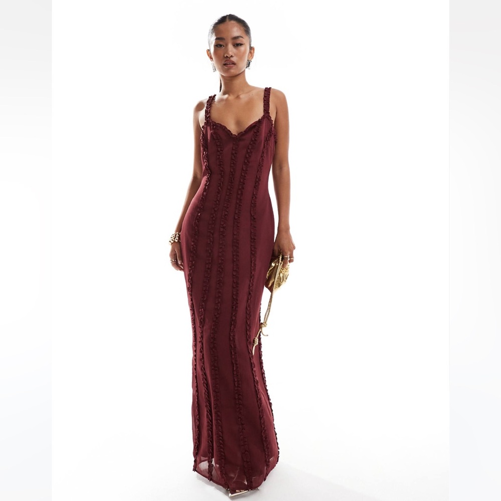 ASOS Sweetheart Ruffle Maxi Dress in Wine